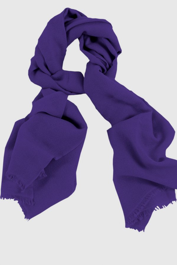 Mens 100% cashmere scarf in purple, single-ply with 1-inch eyelash fringe.