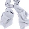 Mens 100% cashmere scarf in light silver grey, single-ply with 1-inch eyelash fringe.