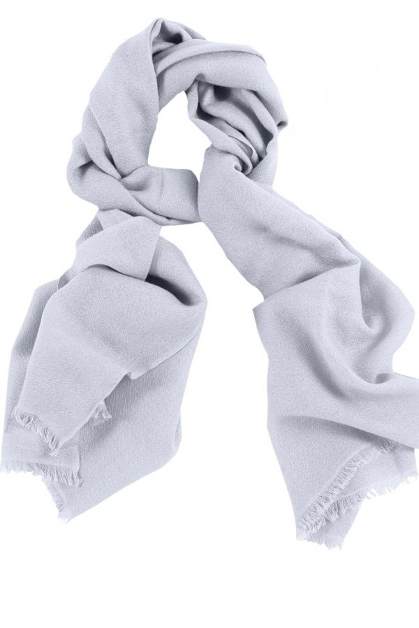 Mens 100% cashmere scarf in light silver grey, single-ply with 1-inch eyelash fringe.