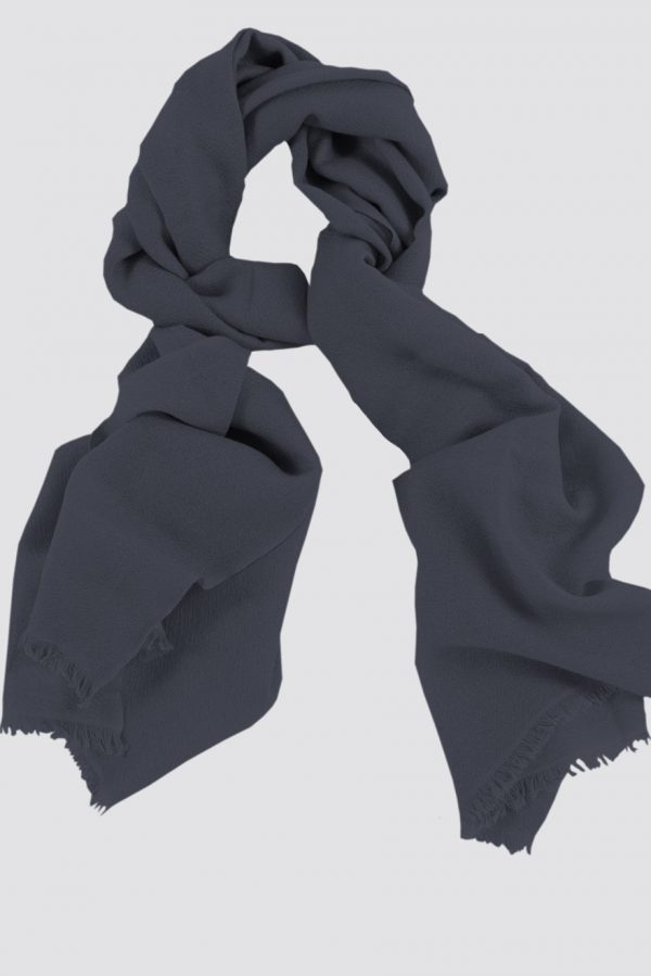 Mens 100% cashmere scarf in rhino grey, single-ply with 1-inch eyelash fringe.