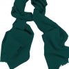 Mens 100% cashmere scarf in green teal, single-ply with 1-inch eyelash fringe.