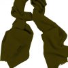 Mens 100% cashmere scarf in dark olive, single-ply with 1-inch eyelash fringe.