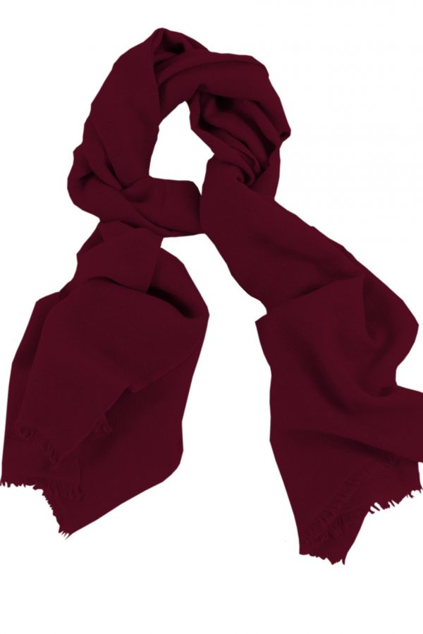 Mens 100% cashmere scarf in dark burgundy, single-ply with 1-inch eyelash fringe.