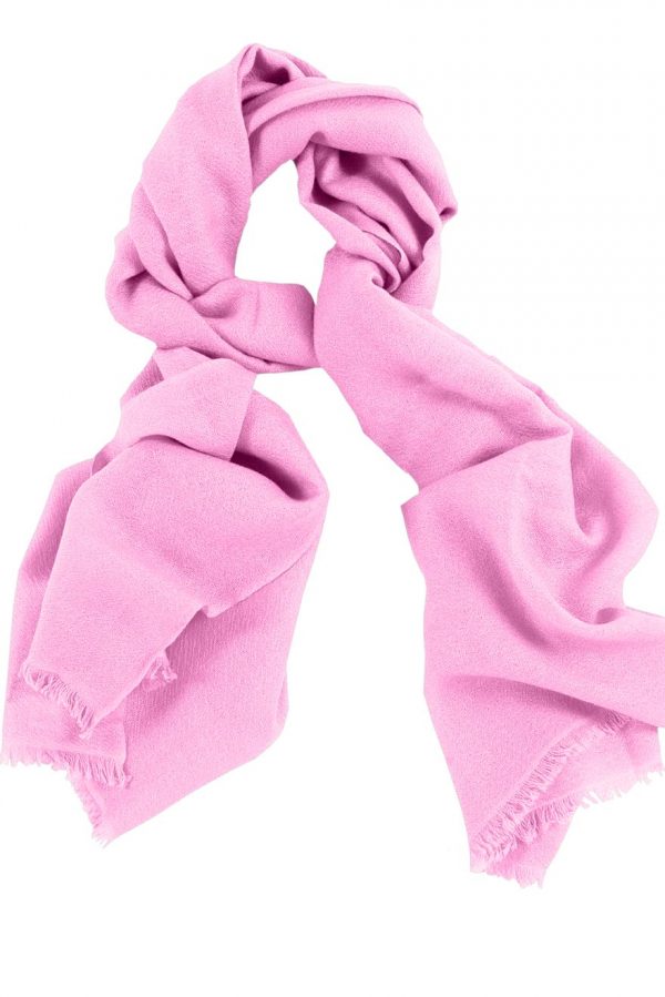 Mens 100% cashmere scarf in Persian pink, single-ply with 1-inch eyelash fringe.
