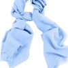 Mens 100% cashmere scarf in baby blue, single-ply with 1-inch eyelash fringe.