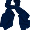 Mens 100% cashmere scarf in dark blue, single-ply with 1-inch eyelash fringe.