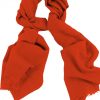 Mens 100% cashmere scarf in vibrant orange, single-ply with 1-inch eyelash fringe.