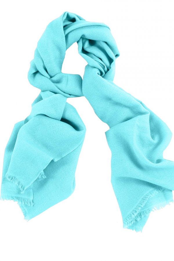 Mens 100% cashmere scarf in Celeste blue, single-ply with 1-inch eyelash fringe.