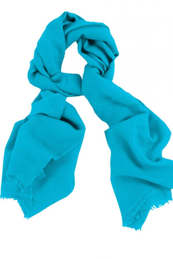 Mens 100% cashmere scarf in turquoise, single-ply with 1-inch eyelash fringe.