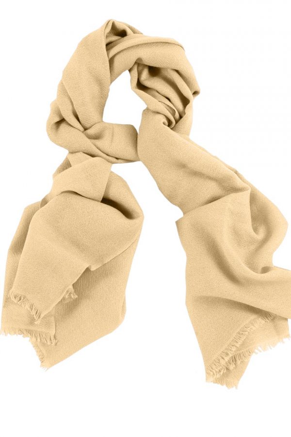 Mens 100% cashmere scarf in wheat, single-ply with 1-inch eyelash fringe.