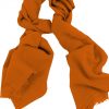 Mens 100% cashmere scarf in pumpkin, single-ply with 1-inch eyelash fringe.