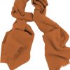 Mens 100% cashmere scarf in tan-hide, single-ply with 1-inch eyelash fringe.