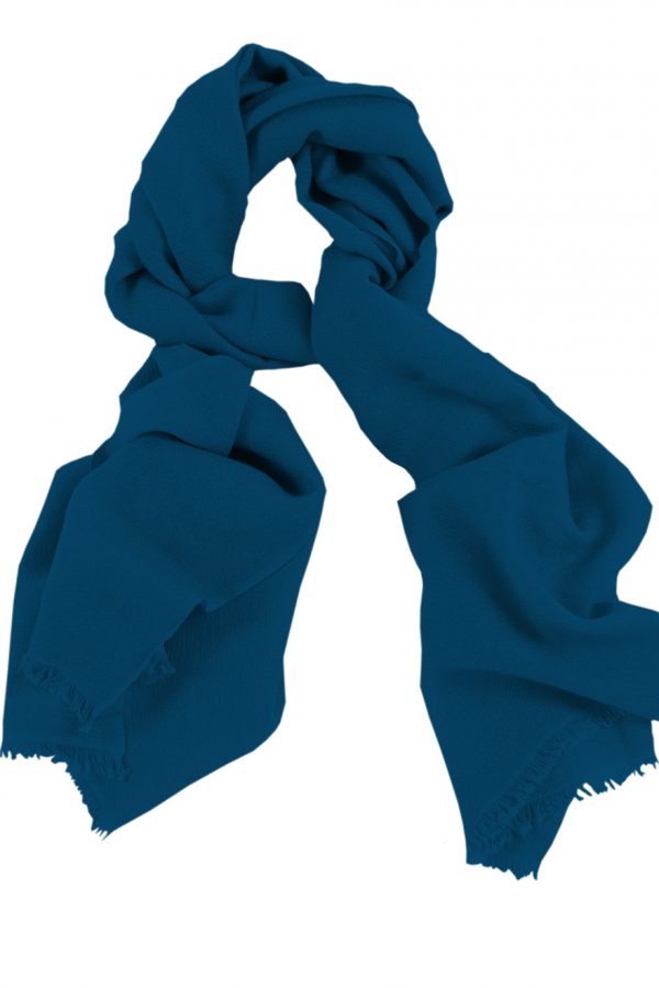 Mens 100% cashmere scarf in petrol blue, single-ply with 1-inch eyelash fringe.