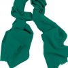 Mens 100% cashmere scarf in algae green, single-ply with 1-inch eyelash fringe.