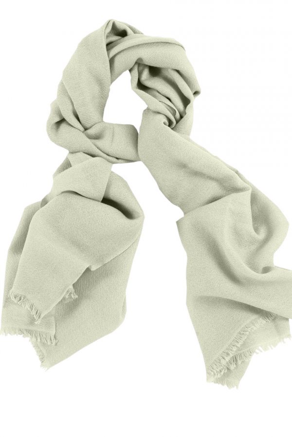 Mens 100% cashmere scarf in off-white, single-ply with 1-inch eyelash fringe.