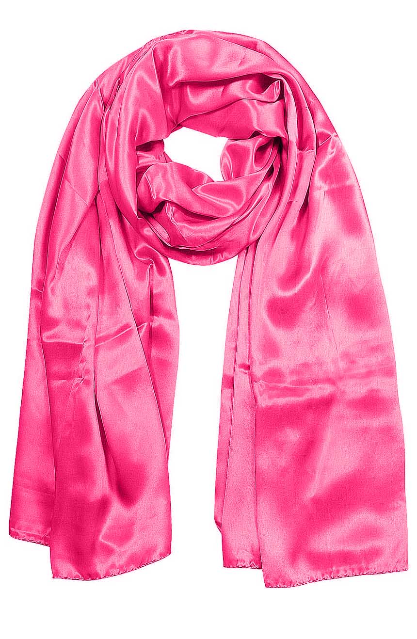Womens silk neck scarf in hot pink 22×75 inches with plenty of material to wrap around the head or shoulders in many ways.