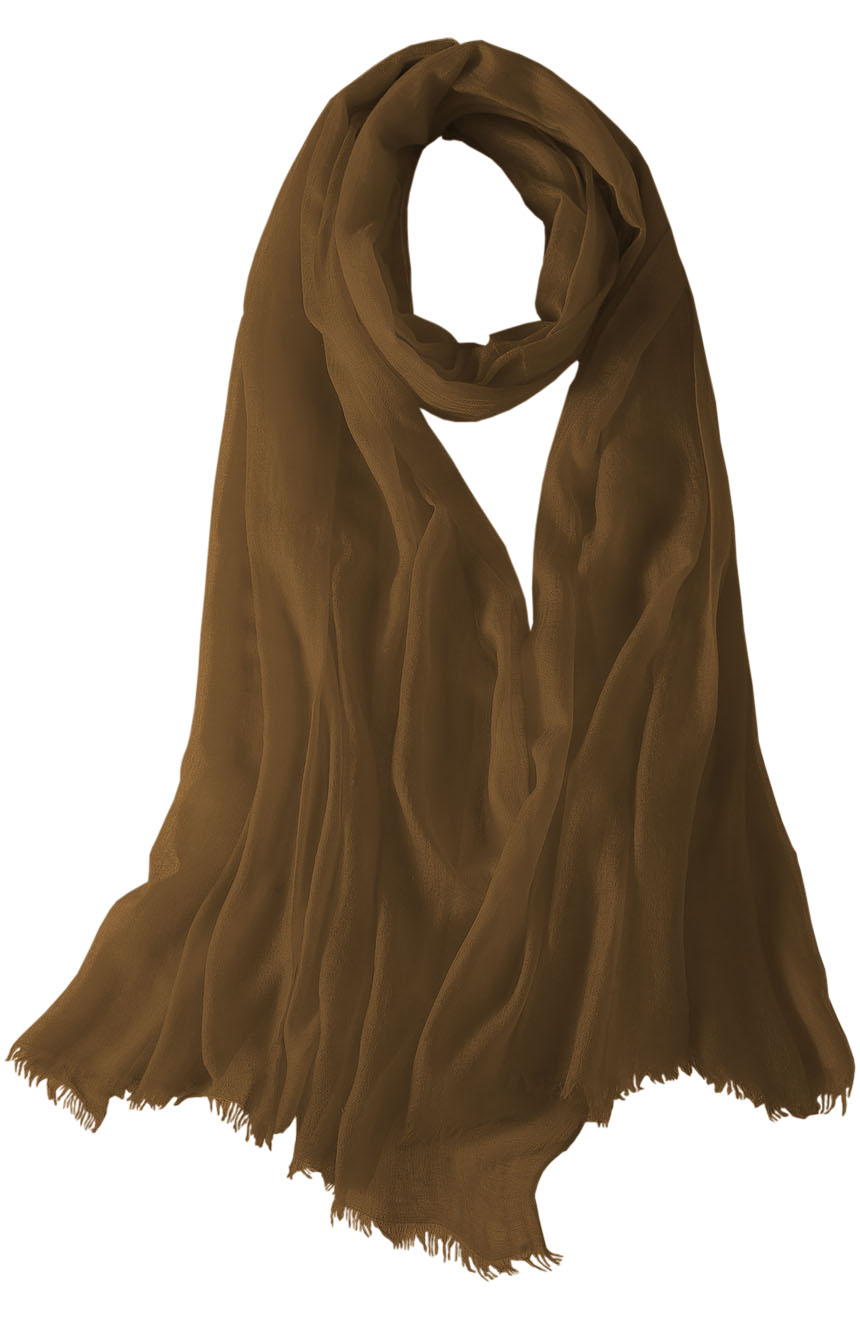 Featherlight cashmere scarf in golden brown color, pocketable, lightweight, & ultra-soft to keep you warm weigh just ounces, essential for all women.