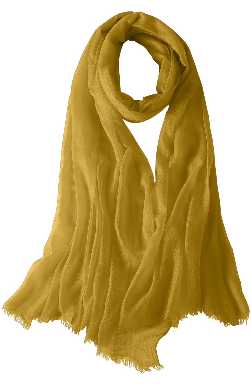 Featherlight cashmere scarf in nugget gold color, pocketable, lightweight, & ultra-soft to keep you warm weigh just ounces, essential for all women.