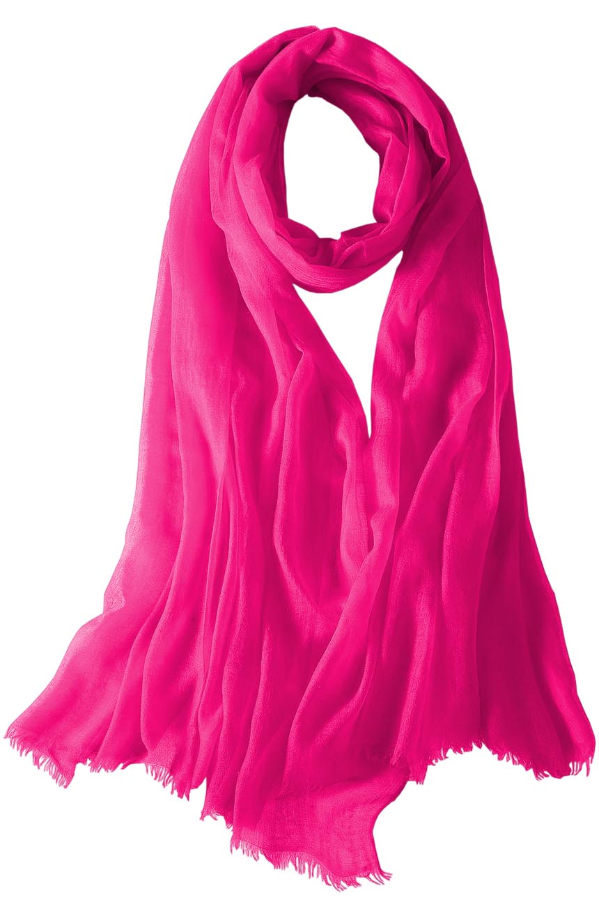 Featherlight cashmere scarf in hot pink color, pocketable, lightweight, & ultra-soft to keep you warm weigh just ounces, essential for all women.