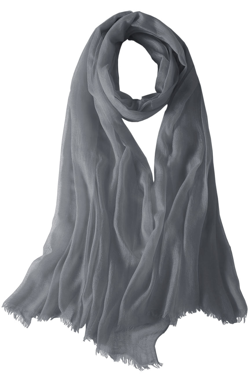 Featherlight cashmere scarf in silver grey color, pocketable, lightweight, & ultra-soft to keep you warm weigh just ounces, essential for all women.