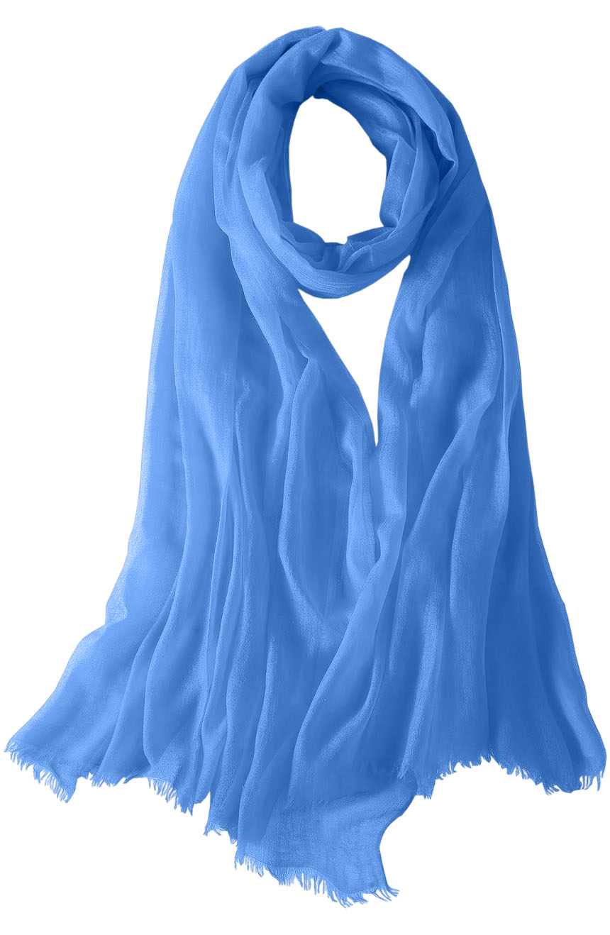 Featherlight cashmere scarf in baby blue color, pocketable, lightweight, & ultra-soft to keep you warm weigh just ounces, essential for all women.