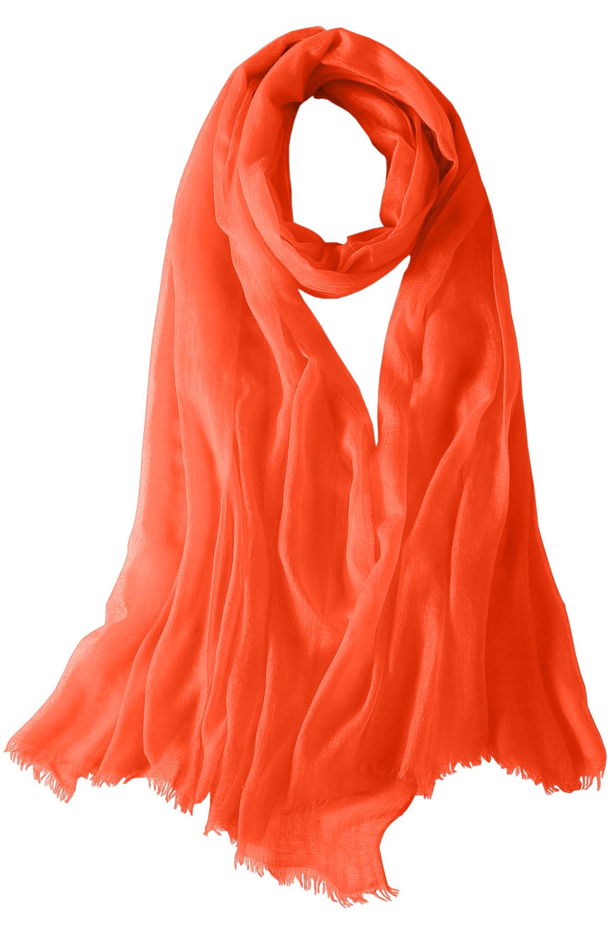 Featherlight cashmere scarf in vibrant orange color, pocketable, lightweight, & ultra-soft to keep you warm weigh just ounces, essential for all women.