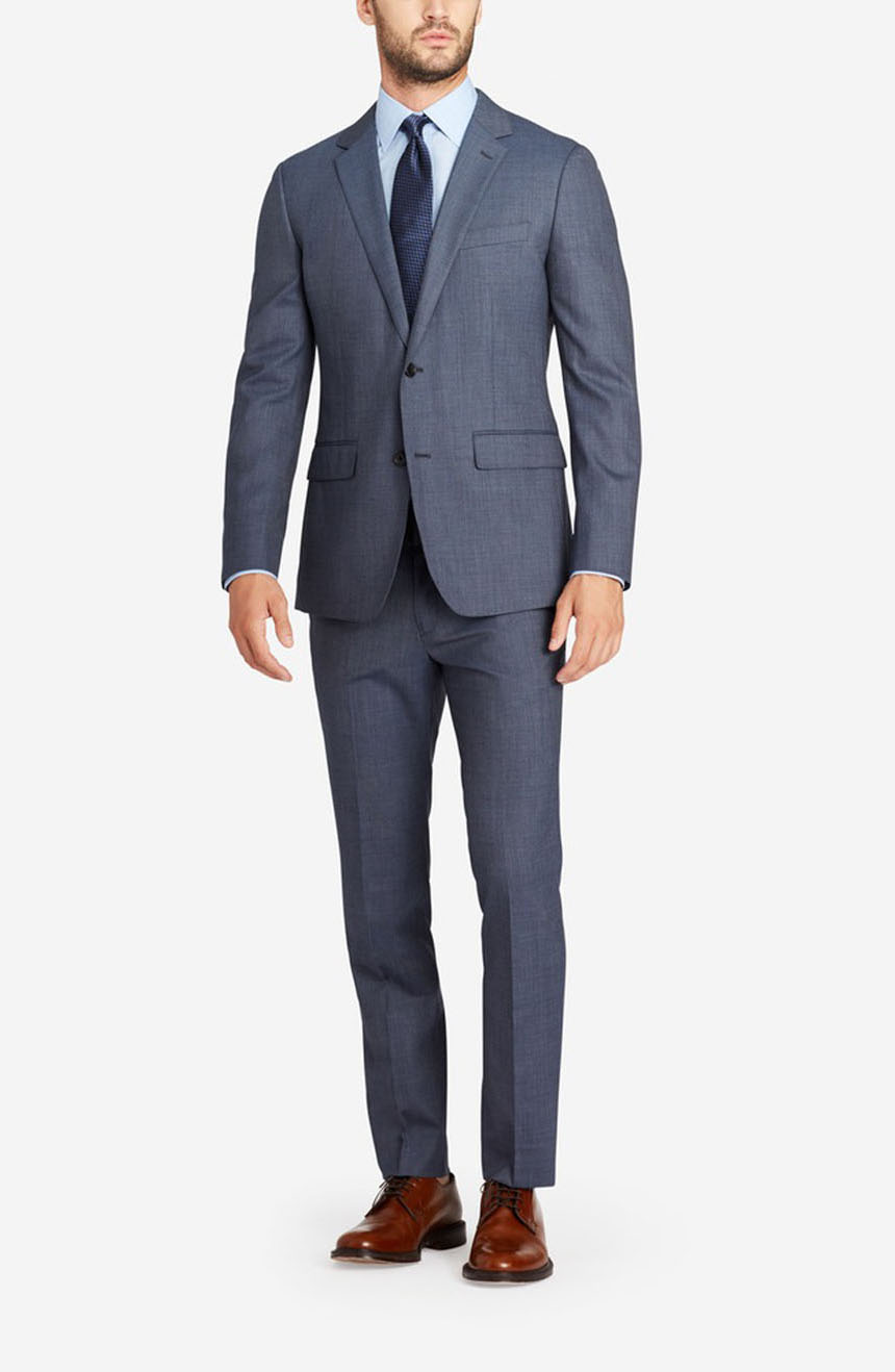 Slate blue wedding suit for men with 2 button closure and notch lapels, a full front view.