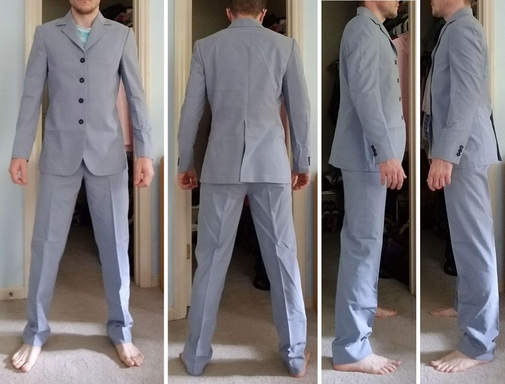 A male customer in Baron Boutique's 10th Doctor Who try-on test suit.