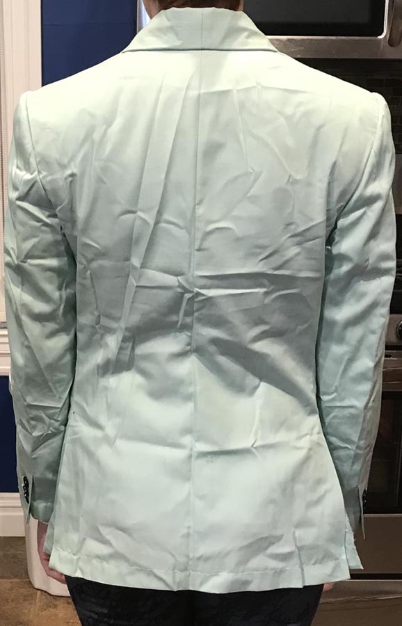 Shawl collar lapel velvet tuxedo try-on jacket back view.