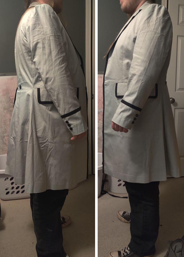 5th Doctor Who cosplay beige try-on test coat, a full side view.