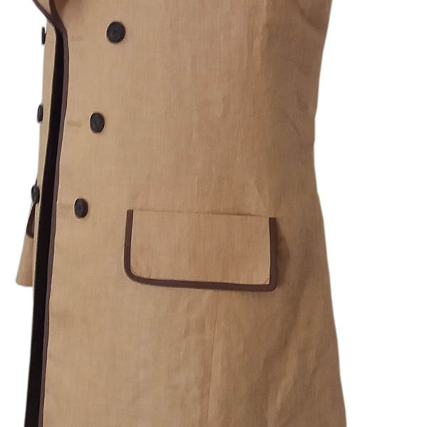 Men's linen frock coat, horizontal exterior pocket with faux flap.