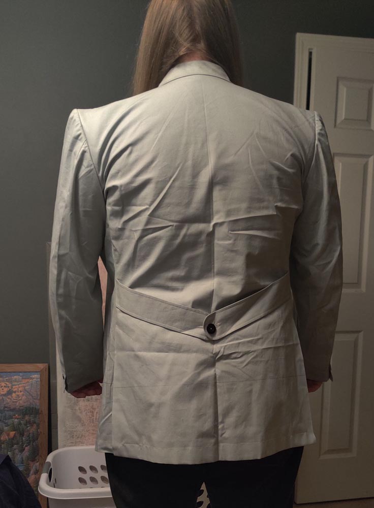 Men's 7th Doctor Who try-on test jacket, a full back view.