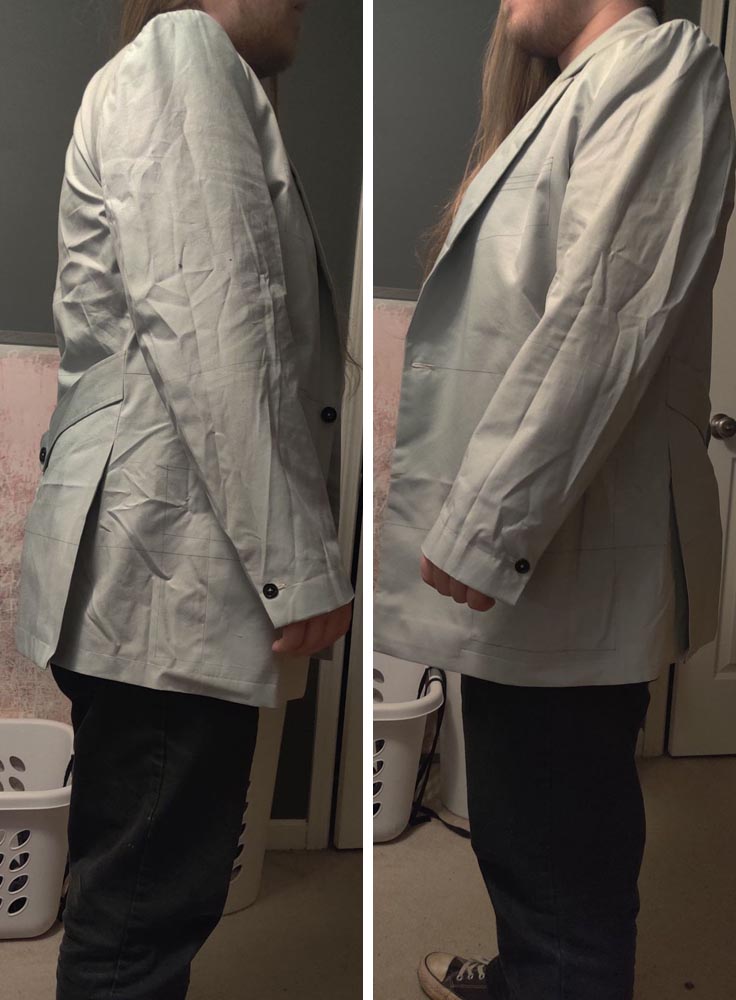 Men's 7th Doctor Who try-on test jacket, a full side view.