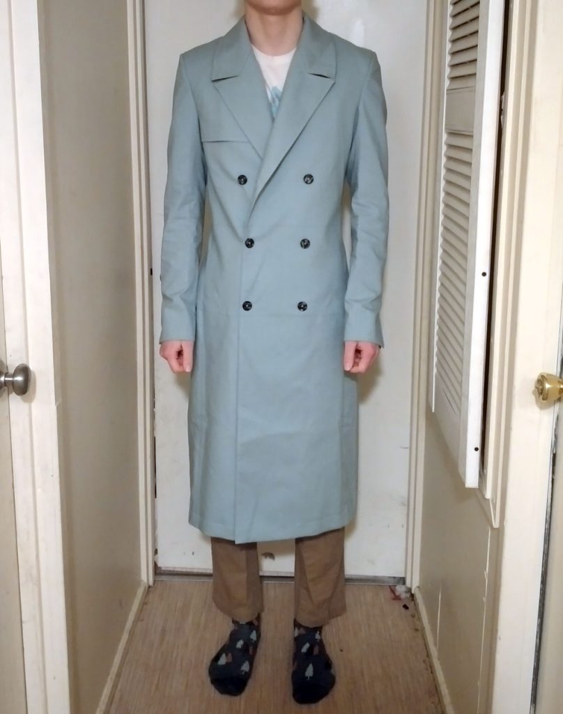 11th Doctor Who Matt Smith cosplay green try-on test coat full front view.