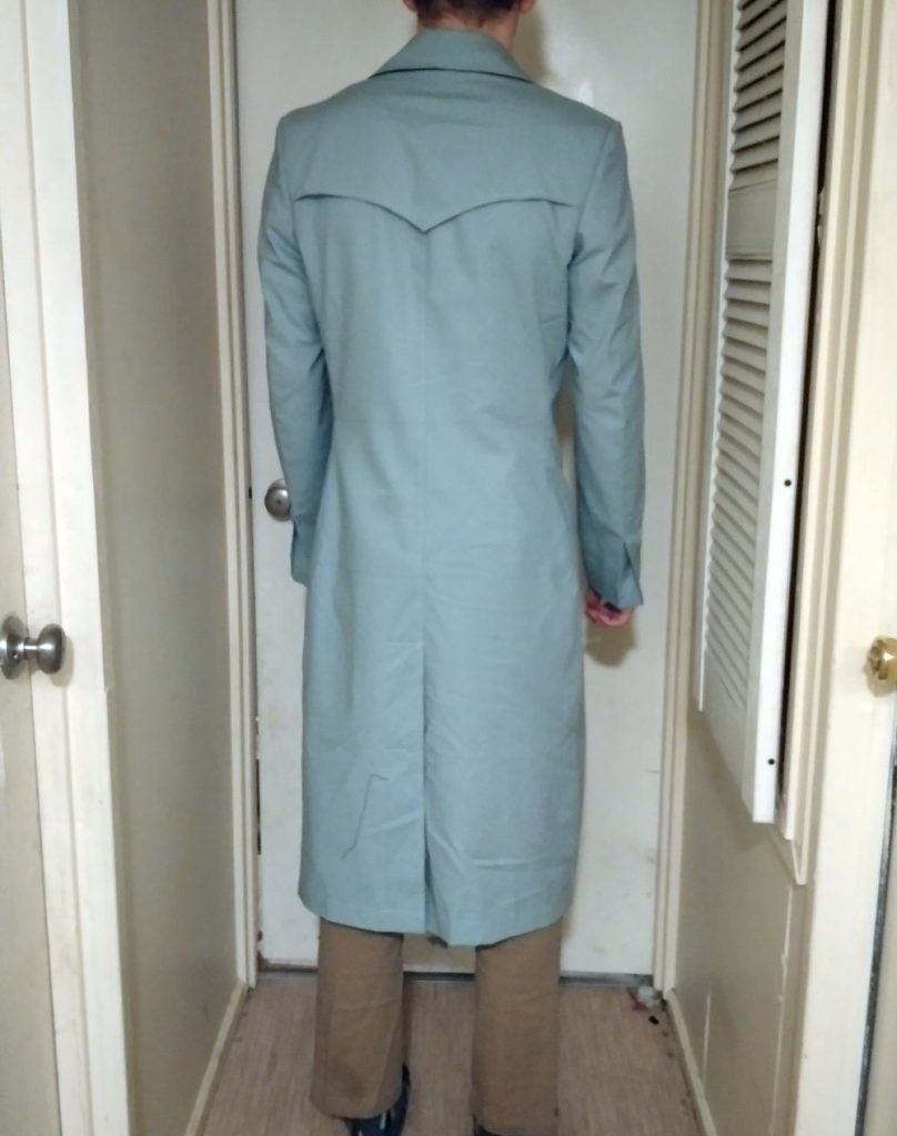 11th Doctor Who Matt Smith cosplay green try-on test coat full back view.