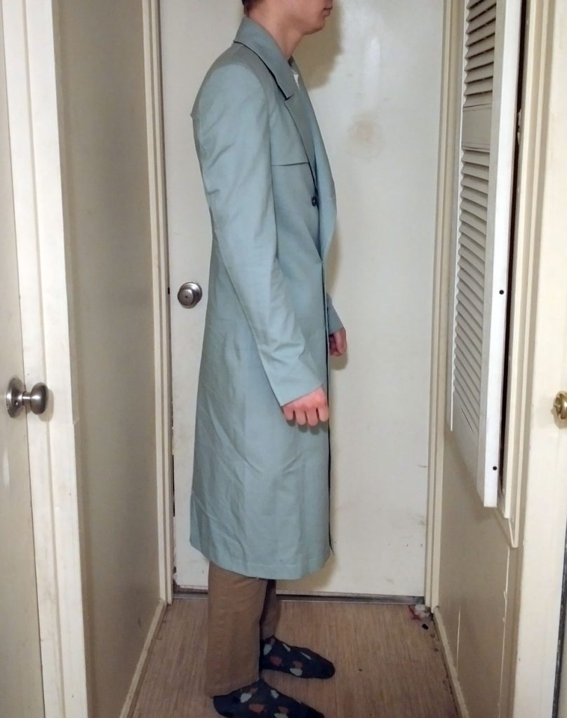 11th Doctor Who Matt Smith cosplay green try-on test coat full side view.
