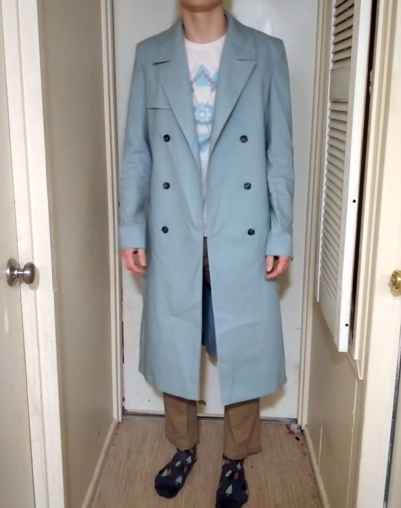 11th Doctor Who Matt Smith cosplay green try-on test coat full front view unbuttoned.