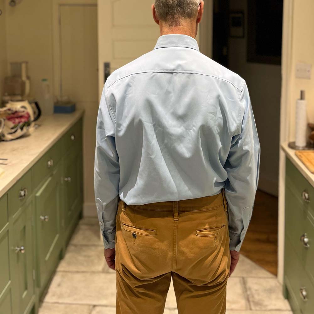 Men's raw silk try-on test shirt full back view.