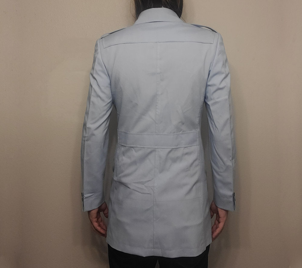 Men's double-breasted try-on test pea coat long, a full back view.