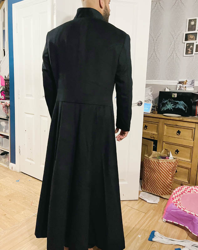 Matrix Reloaded coat in wool-cashmere blend fabric, a full back view.