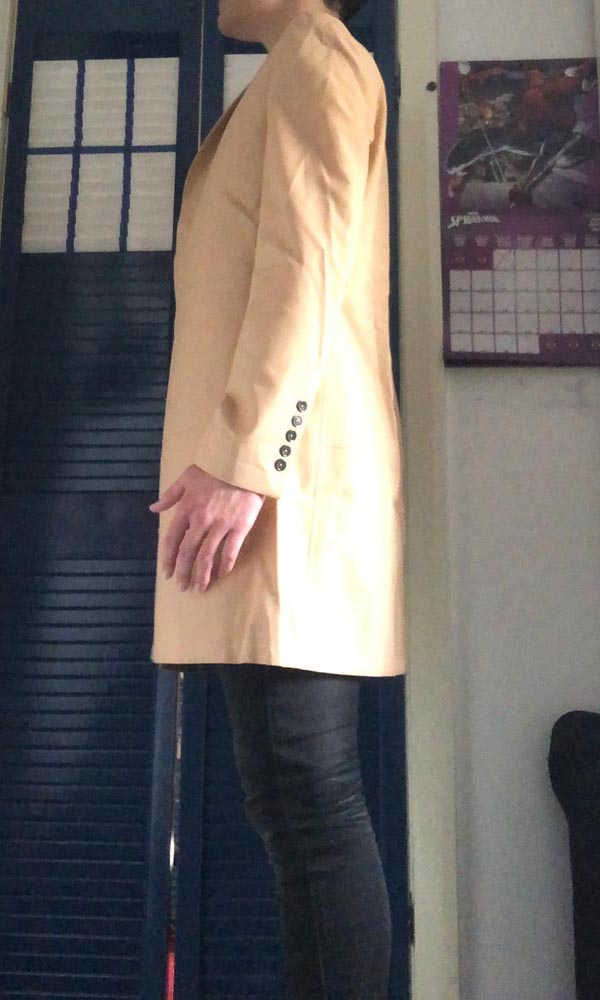 12th Doctor Maroon Red Velvet Coat's Try-On Test Coat Full Left View