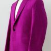Men's silk suit in purple dupioni silk side view.