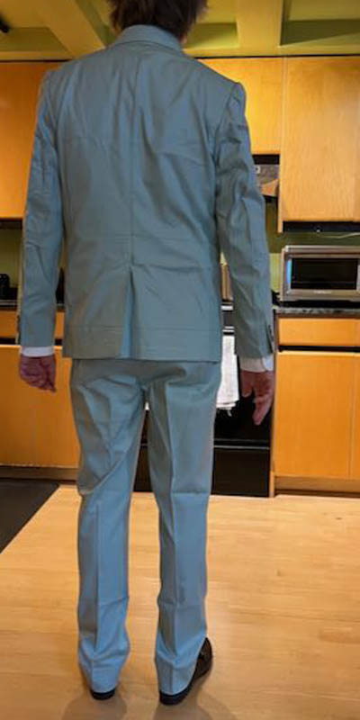 Men's dupioni silk try-on test suit full back view.