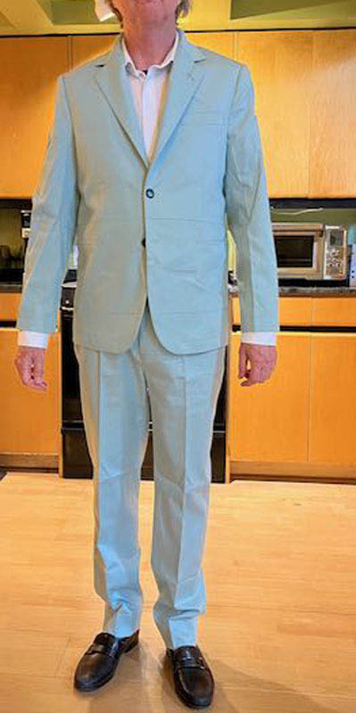 Men's dupioni silk try-on test suit full front view.