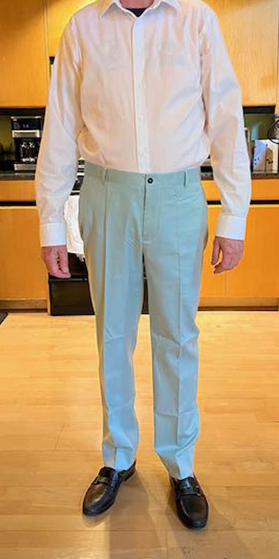 Men's dupioni silk try-on test suit pants full front view.