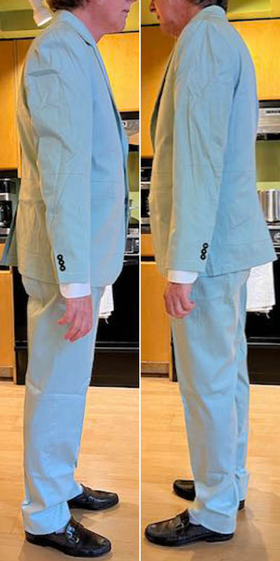 Men's dupioni silk try-on test suit full side views.