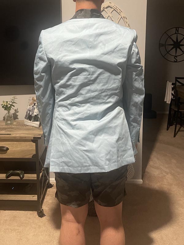Men's velvet try-on test jacket with contrast black satin lapel, full back view.