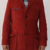 4th Doctor jacket in rust/oxblood corduroy for Tom Baker cosplay, full front view with buttons fastened.