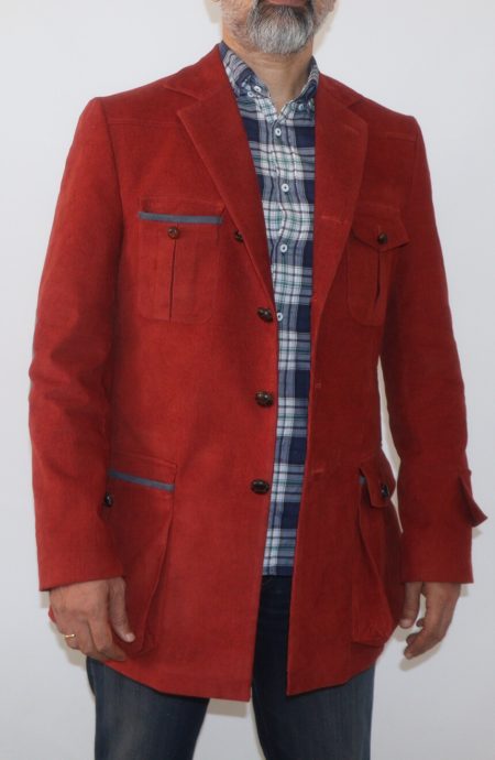 4th Doctor jacket in rust/oxblood corduroy for Tom Baker cosplay, full front view,